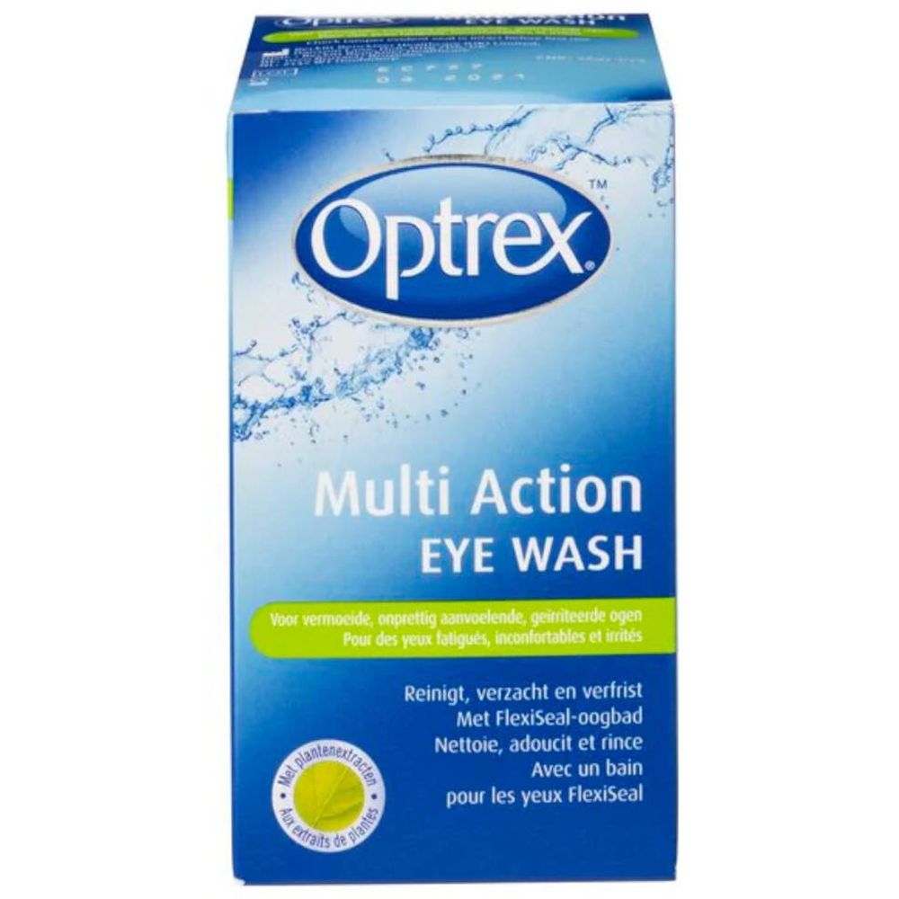 Boîte de bain oculaire Optrex Multi Action. Boîte bleue avec nom du produit et design aquatique. Contient bain oculaire FlexiSeal.