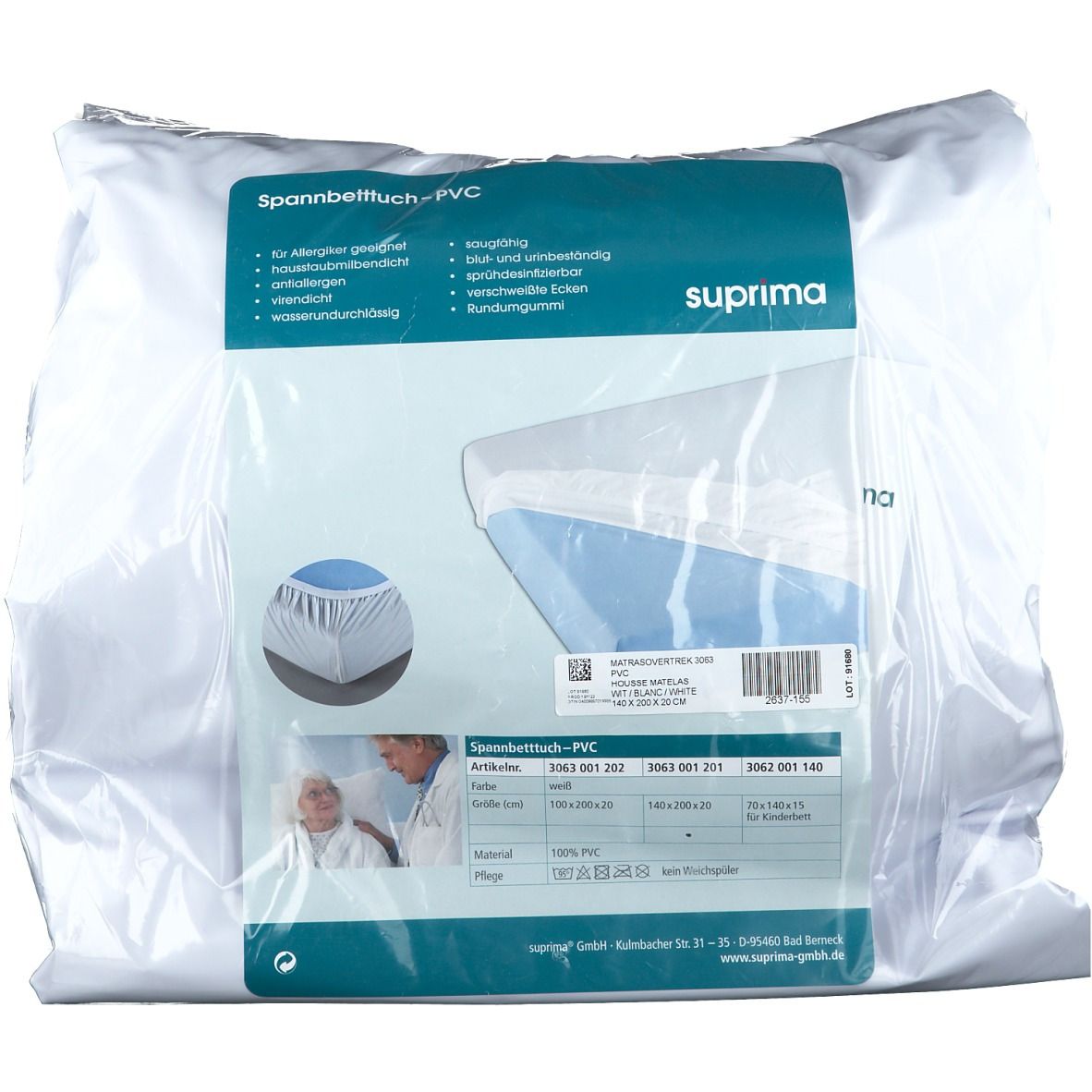Drap-housse PVC blanc dans un emballage plastique. Marque suprima. Informations et illustrations du produit sur l'emballage.