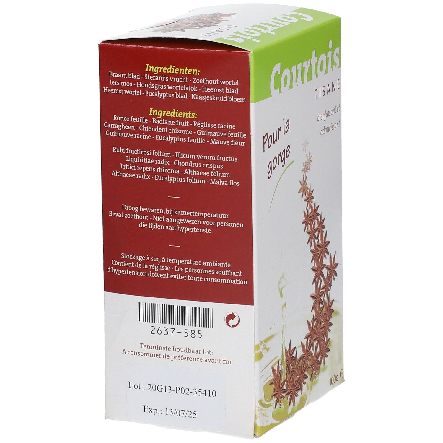 Dos de la boîte Courtois TISANE. Liste des ingrédients, conseils de stockage et numéro de lot. Texte multilingue.