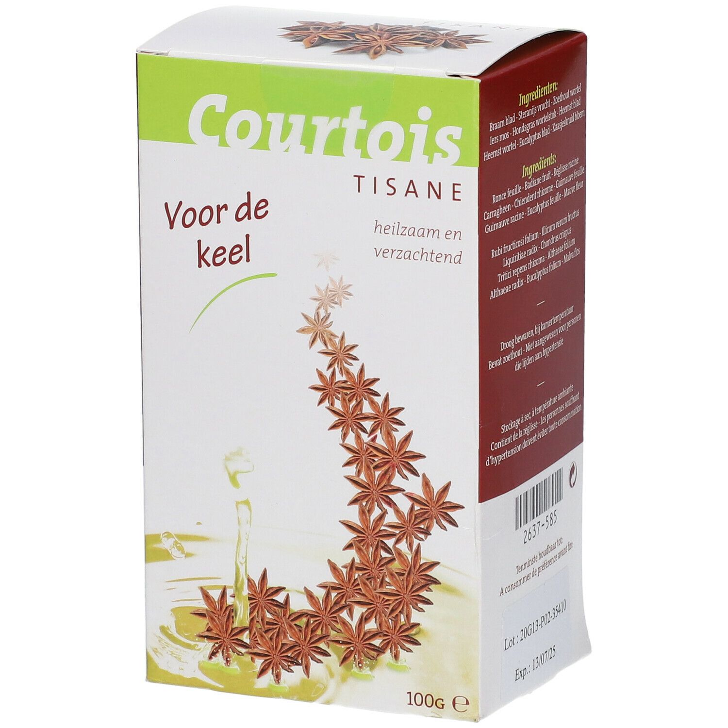 Boîte Courtois TISANE. Vert et blanc, nom du produit et illustration d'anis étoilé. 'Voor de keel'. 100g.