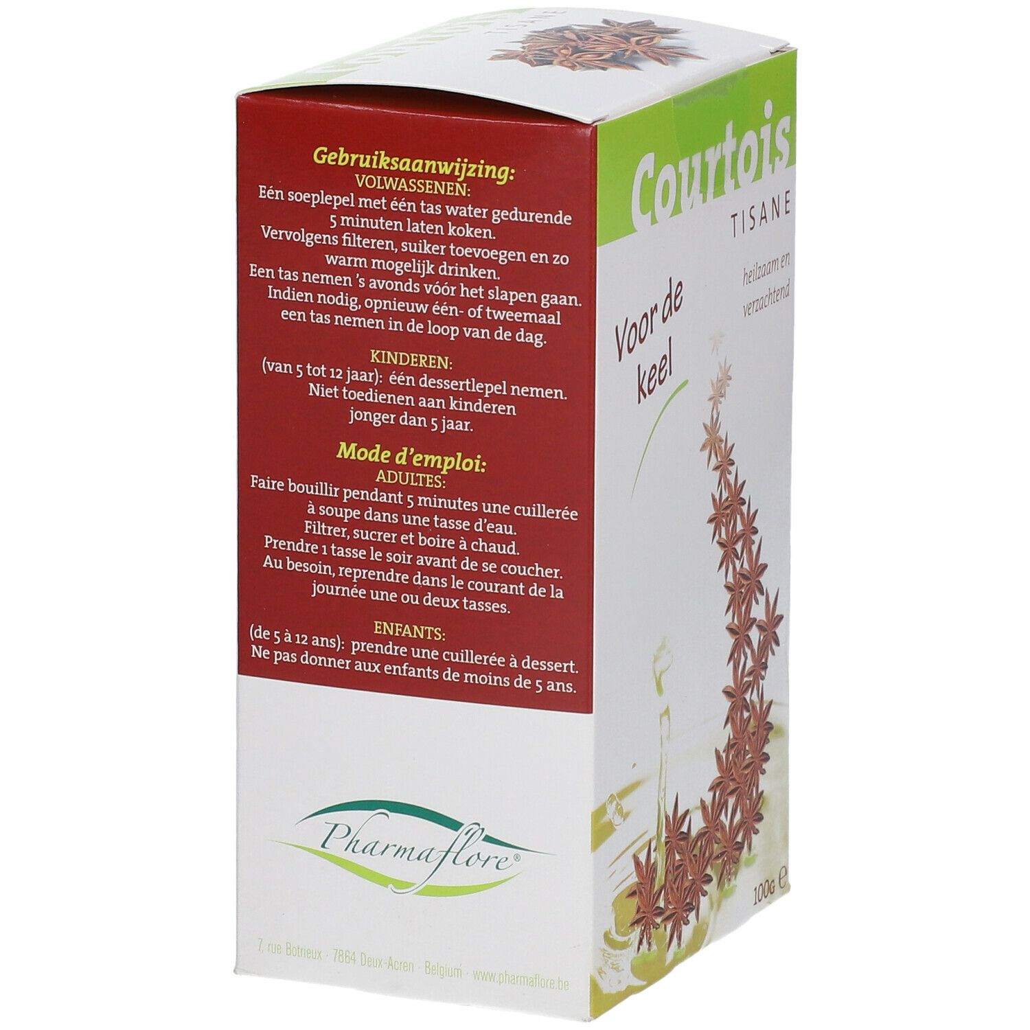 Dos de la boîte Courtois TISANE. Mode d'emploi multilingue. Texte et illustrations.