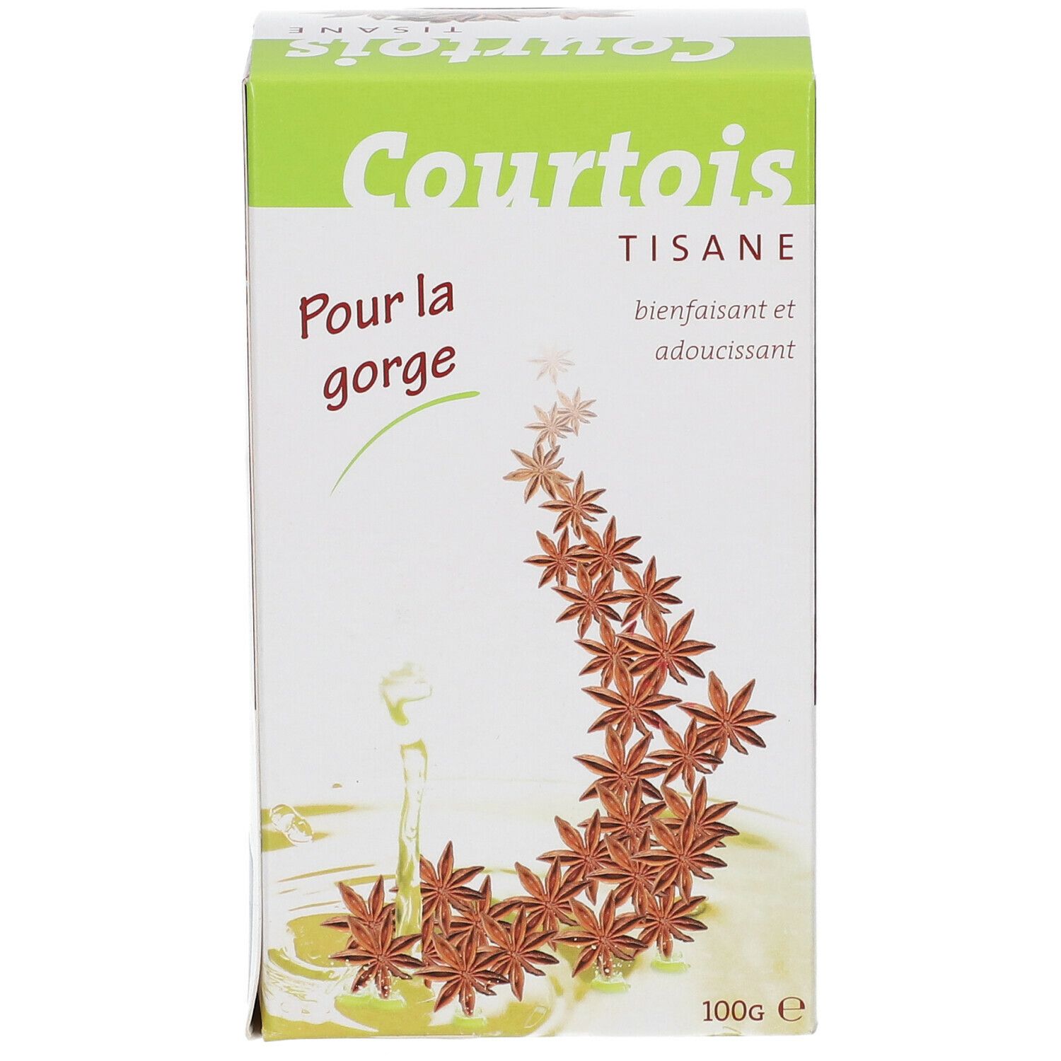 Boîte Courtois TISANE. Vert et blanc, nom du produit et illustration d'anis étoilé. 'Pour la gorge'. 100g.