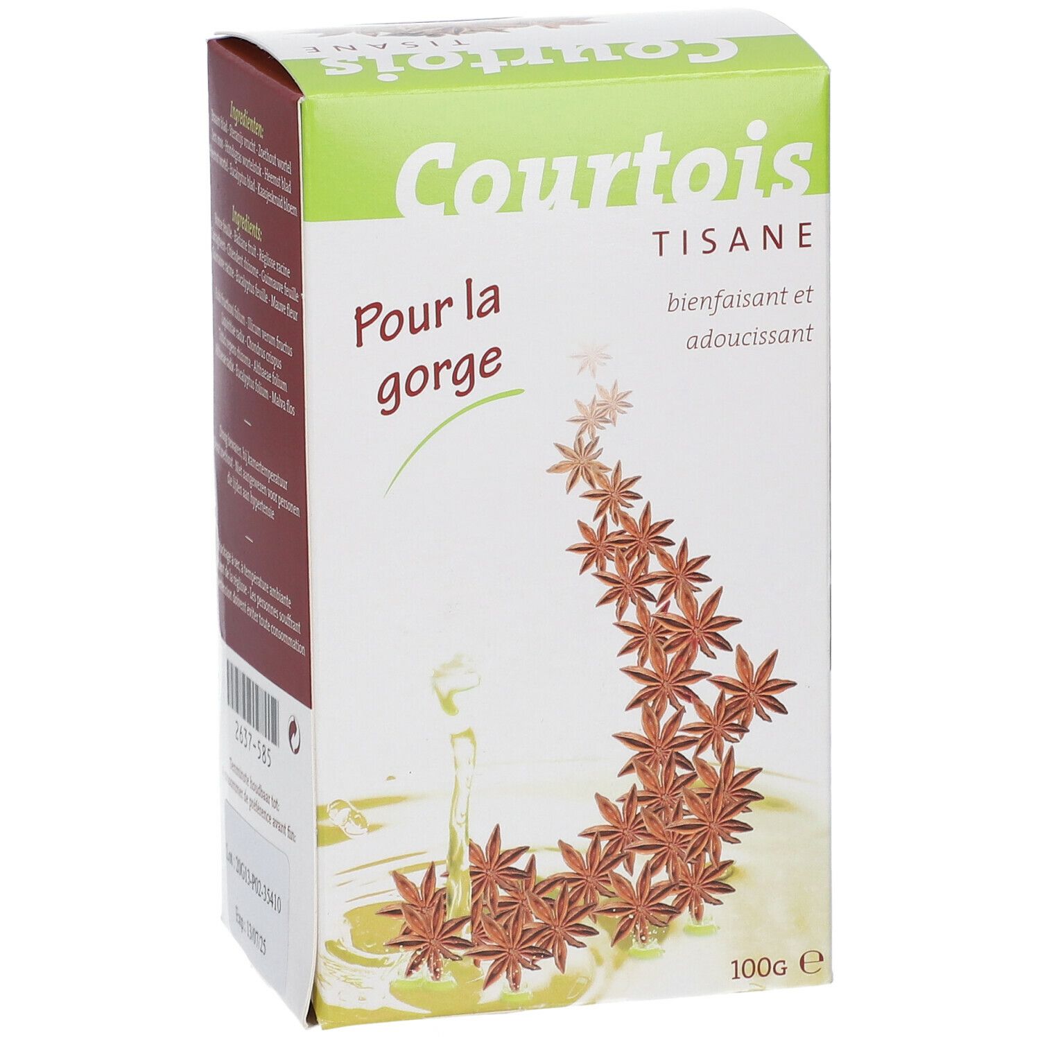 Boîte Courtois TISANE. Vert et blanc, nom du produit et illustration d'anis étoilé. 'Pour la gorge'. 100g.