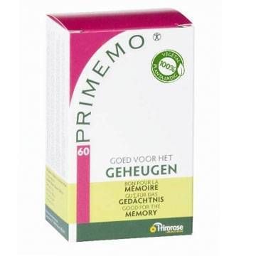 Primemo-verpakking met 60 capsules. Groen-wit ontwerp met roze accenten. Opschrift: 'GOED VOOR HET GEHEUGEN'.