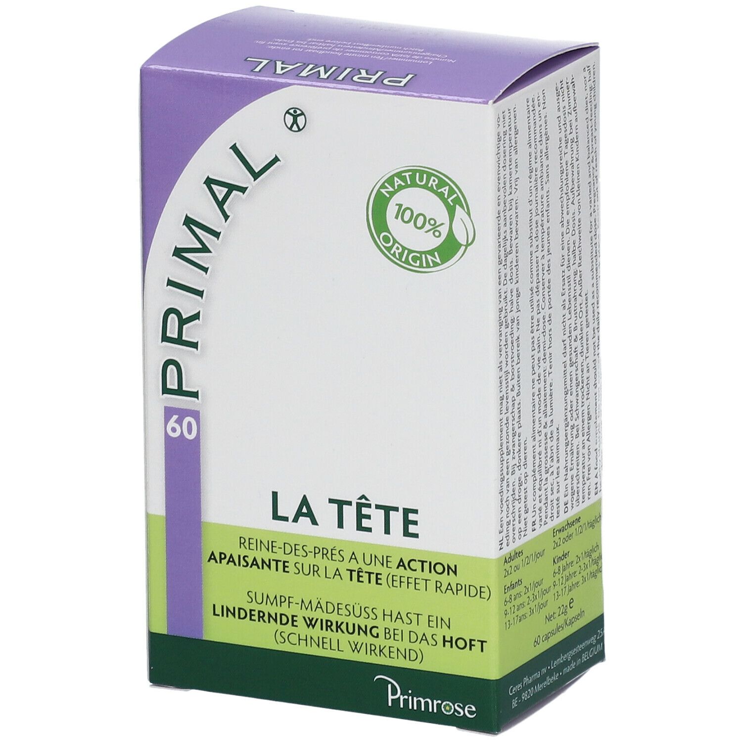 Boîte "PRIMAL 60". Texte: "LA TÊTE". Logo: "NATURAL 100% ORIGIN". Marque: Primrose. Couleurs: violet, blanc et vert.
