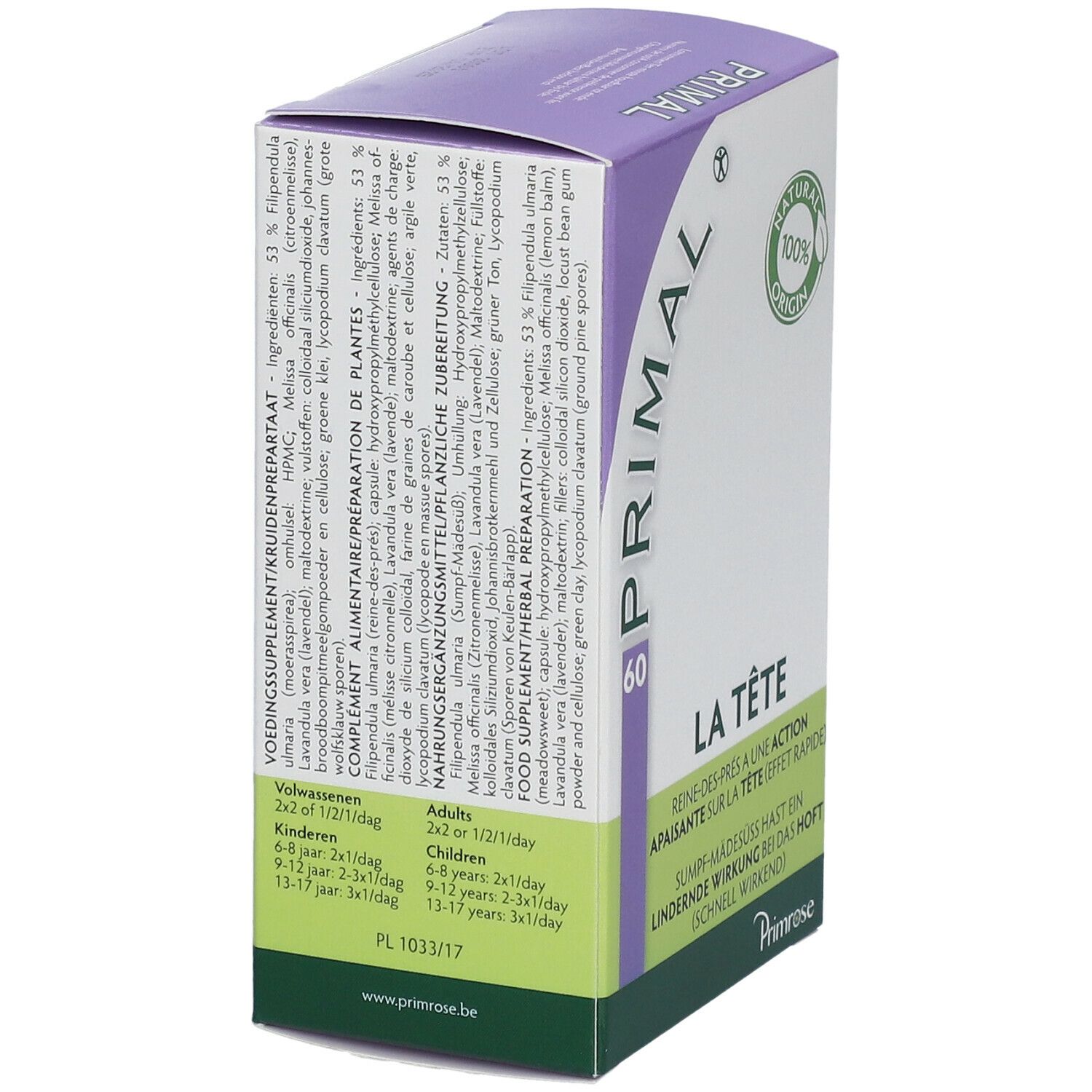 Boîte "PRIMAL 60". Texte: "LA TÊTE". Logo: "NATURAL 100% ORIGIN". Marque: Primrose. Ingrédients et dosage au dos.