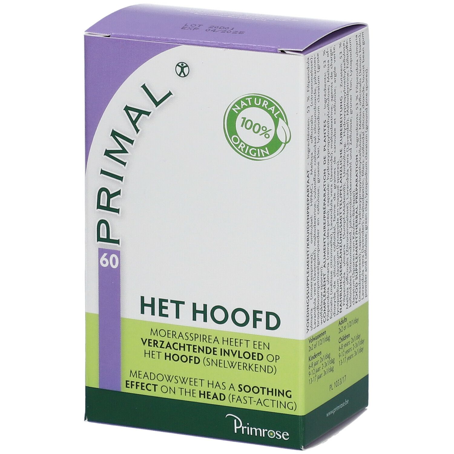 Boîte "PRIMAL 60". Texte: "HET HOOFD". Logo: "NATURAL 100% ORIGIN". Marque: Primrose. Couleurs: violet, blanc et vert.