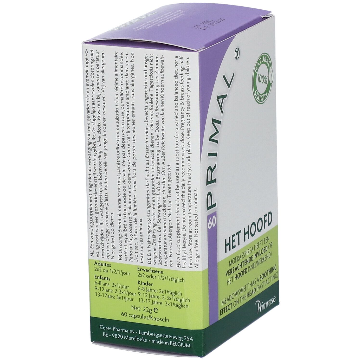 Boîte "PRIMAL 60". Texte: "HET HOOFD". Logo: "NATURAL 100% ORIGIN". Marque: Primrose. Informations et dosage au dos.