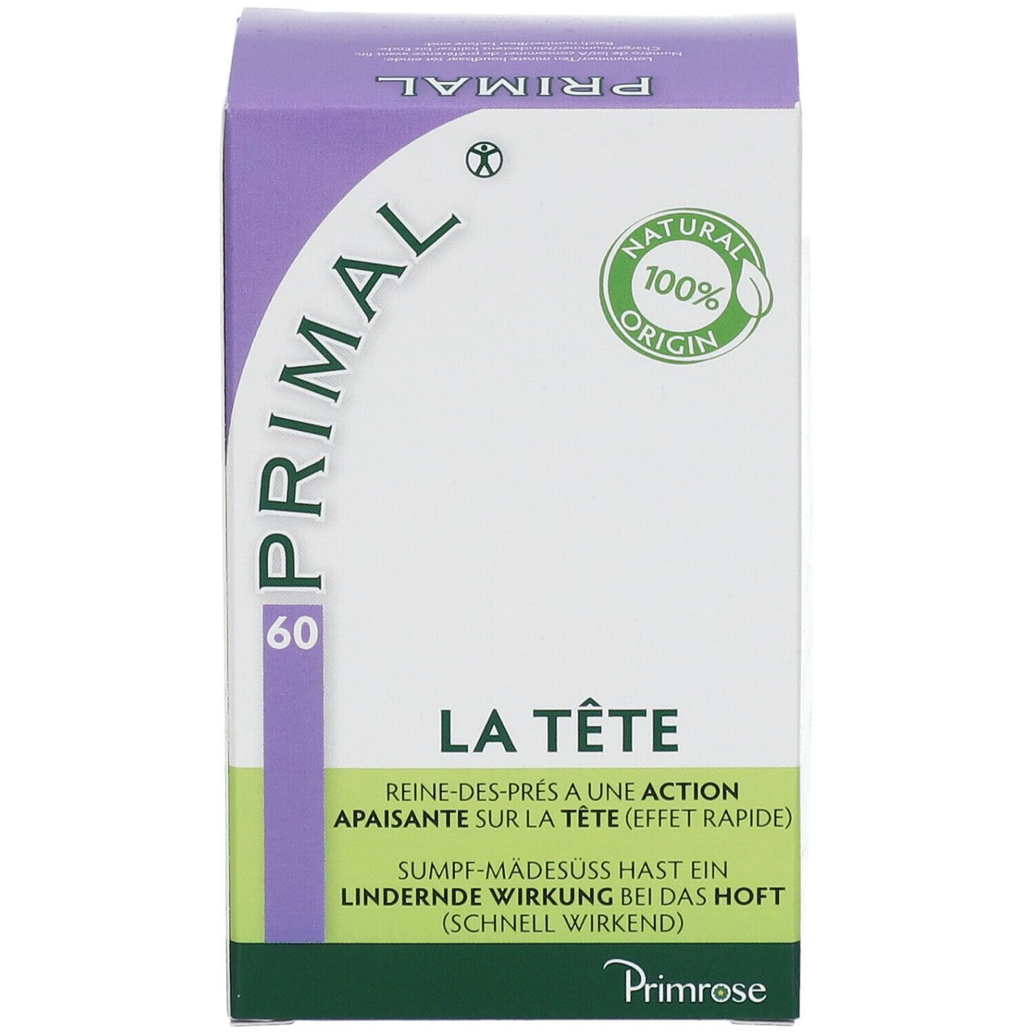 Boîte "PRIMAL 60". Texte: "LA TÊTE". Logo: "NATURAL 100% ORIGIN". Marque: Primrose. Couleurs: violet, blanc et vert.