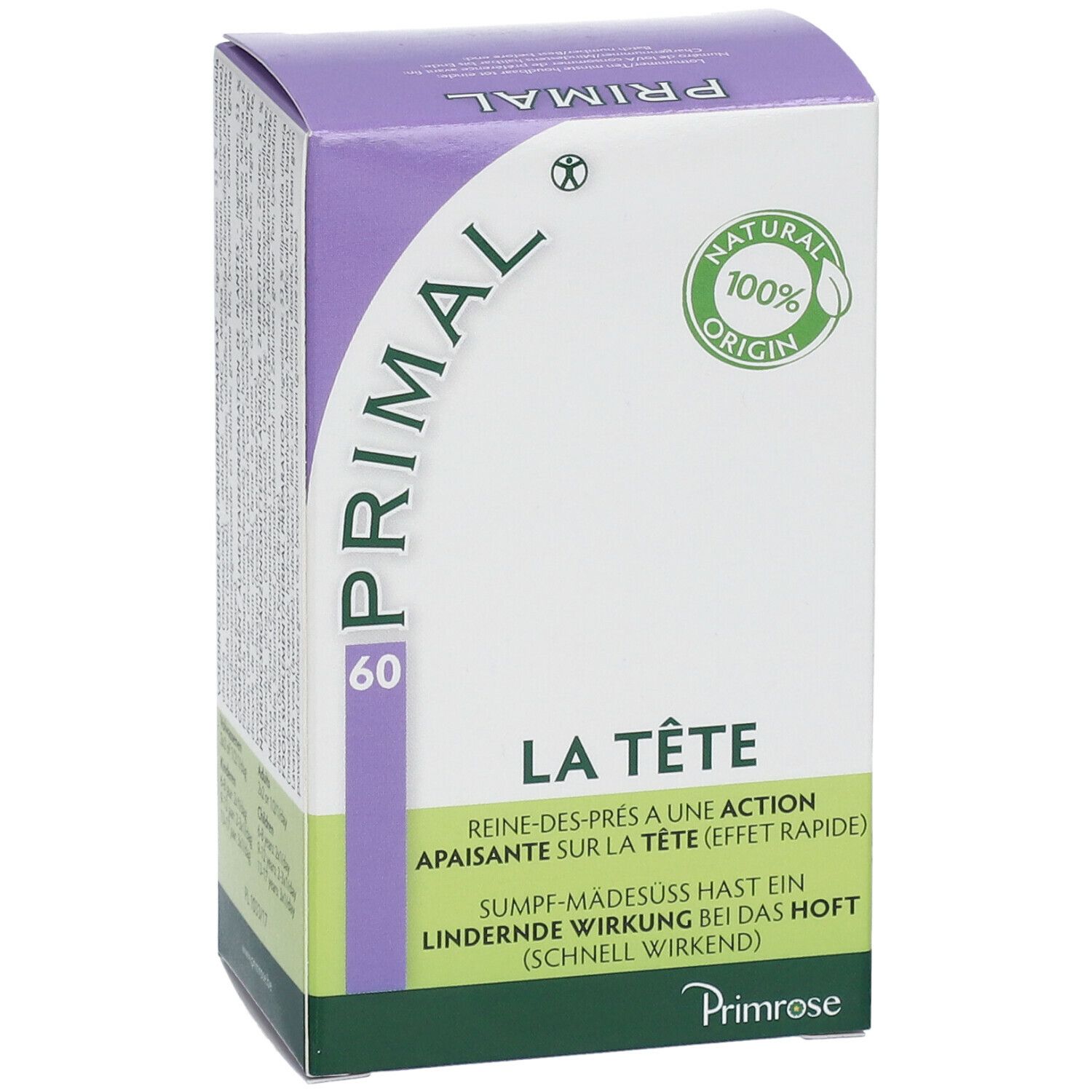 Boîte "PRIMAL 60". Texte: "LA TÊTE". Logo: "NATURAL 100% ORIGIN". Marque: Primrose. Couleurs: violet, blanc et vert.