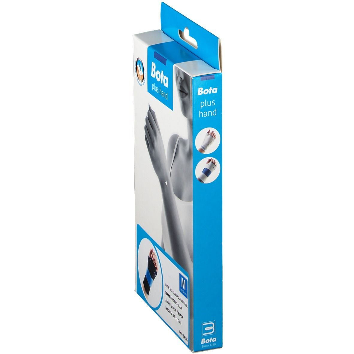 Seitenansicht der Bota Handgelenksorthese 201 Verpackung. Blaue und weiße Box mit Produktabbildung und Größenangabe M.