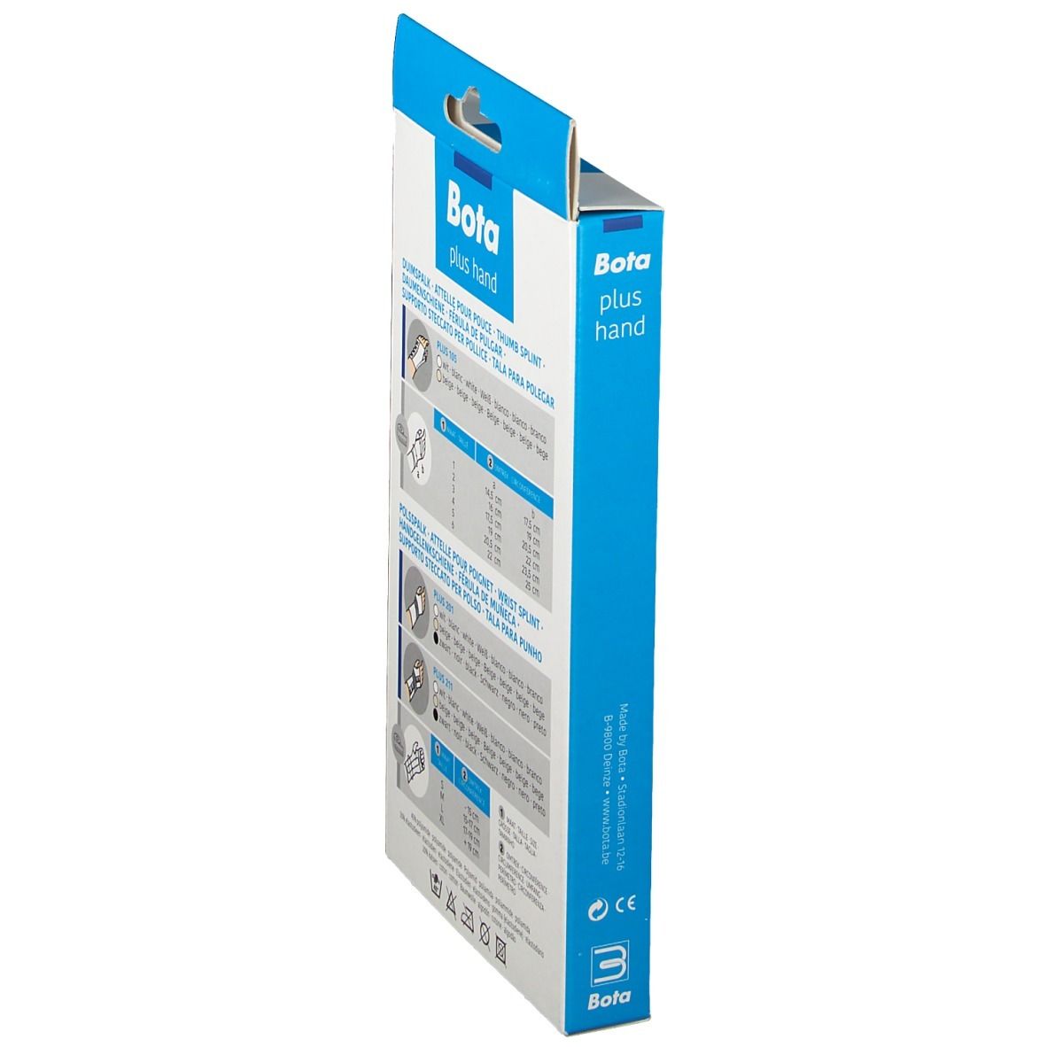 Seitenansicht der Bota Handgelenksorthese 201 Verpackung. Blaue und weiße Box mit Produktinformationen und Logo.