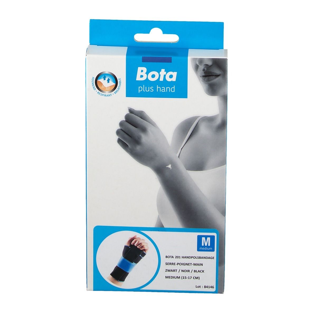 Vorderansicht der Bota Handgelenksorthese 201 Verpackung. Box mit Produktabbildung, Größenangabe M, und Produktbezeichnung.