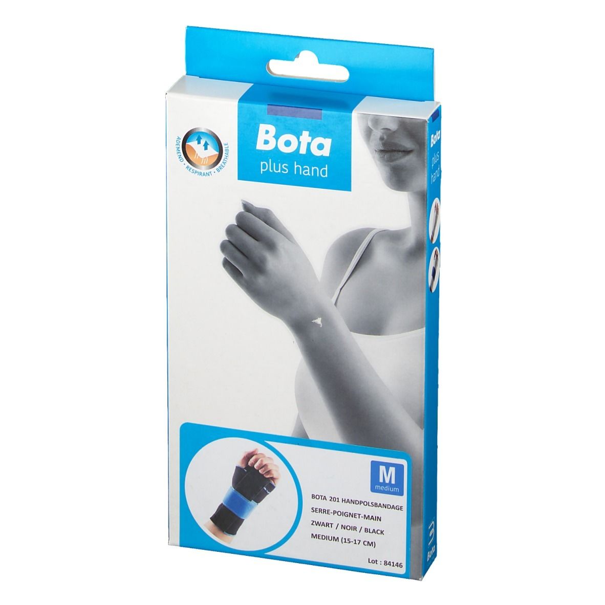 Vorderansicht der Bota Handgelenksorthese 201 Verpackung. Box mit Produktabbildung, Größenangabe M, und Produktbezeichnung.