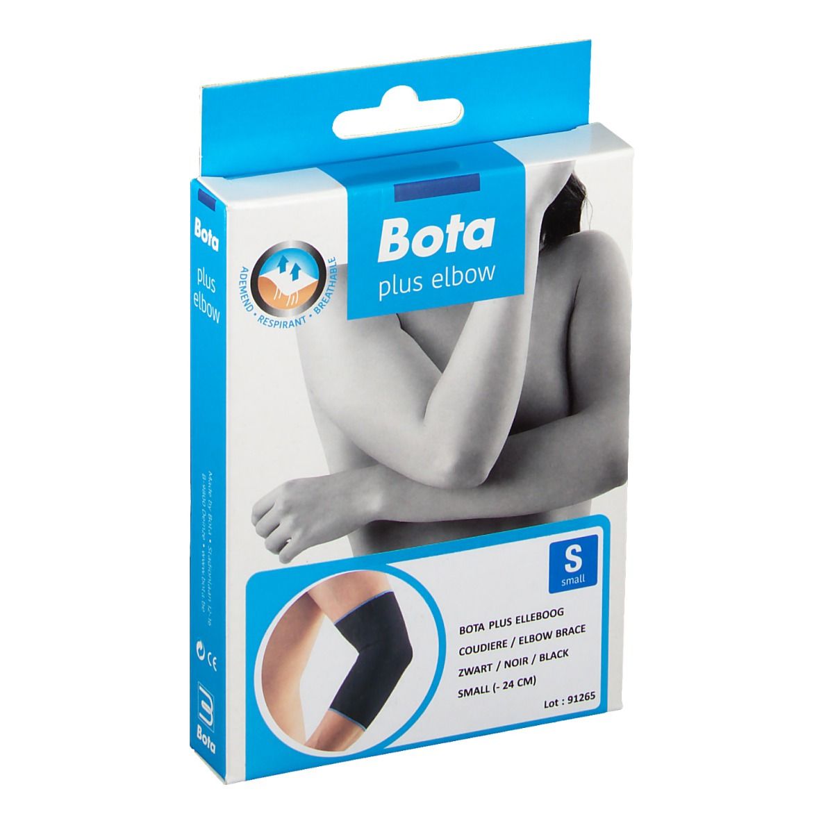 Bota plus elbow, zwarte elleboogbrace in verpakking. Maat S, 24 cm. Opschriften: Bota, plus elbow, S.