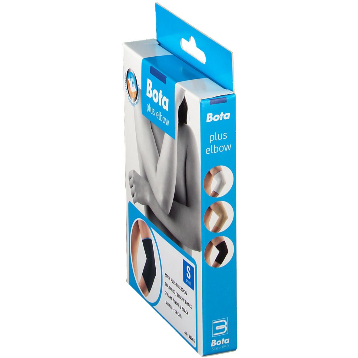 Bota plus elbow verpakking, zijaanzicht. Productafbeelding: zwarte elleboogbrace. Maat S. Tekst: Bota plus elbow.