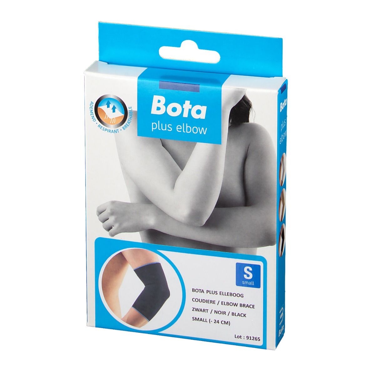 Bota plus elbow, zwarte elleboogbrace in verpakking. Maat S, 24 cm. Opschriften: Bota, plus elbow, S.