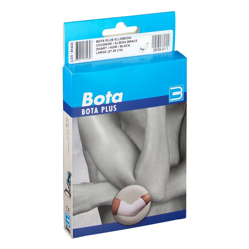 Verpakking van de Bota BOTA PLUS elleboogbrace. Zwart, maat L. Opschrift: Bota PLUS, elleboogbrace, maat L.