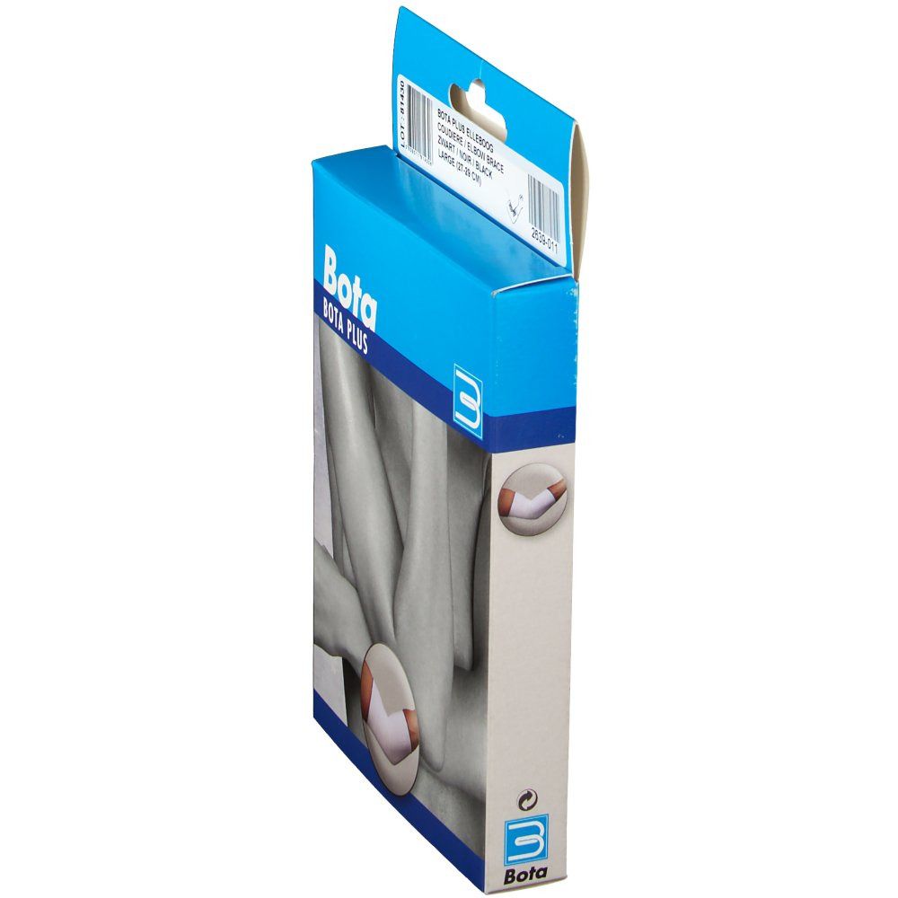 Zijaanzicht van de verpakking van de Bota BOTA PLUS elleboogbrace. Blauw-witte verpakking met productafbeelding.