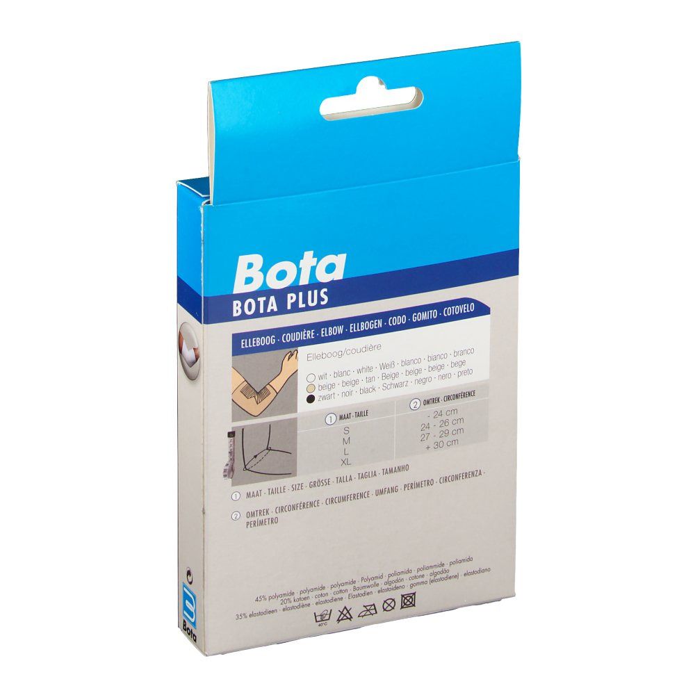 Achterkant van de verpakking van de Bota BOTA PLUS elleboogbrace. Maatvoering en productinformatie.