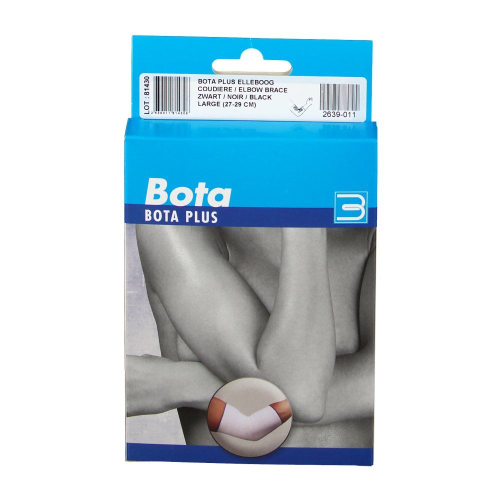 Verpakking van de Bota BOTA PLUS elleboogbrace. Zwart, maat L. Opschrift: Bota PLUS, elleboogbrace, maat L.