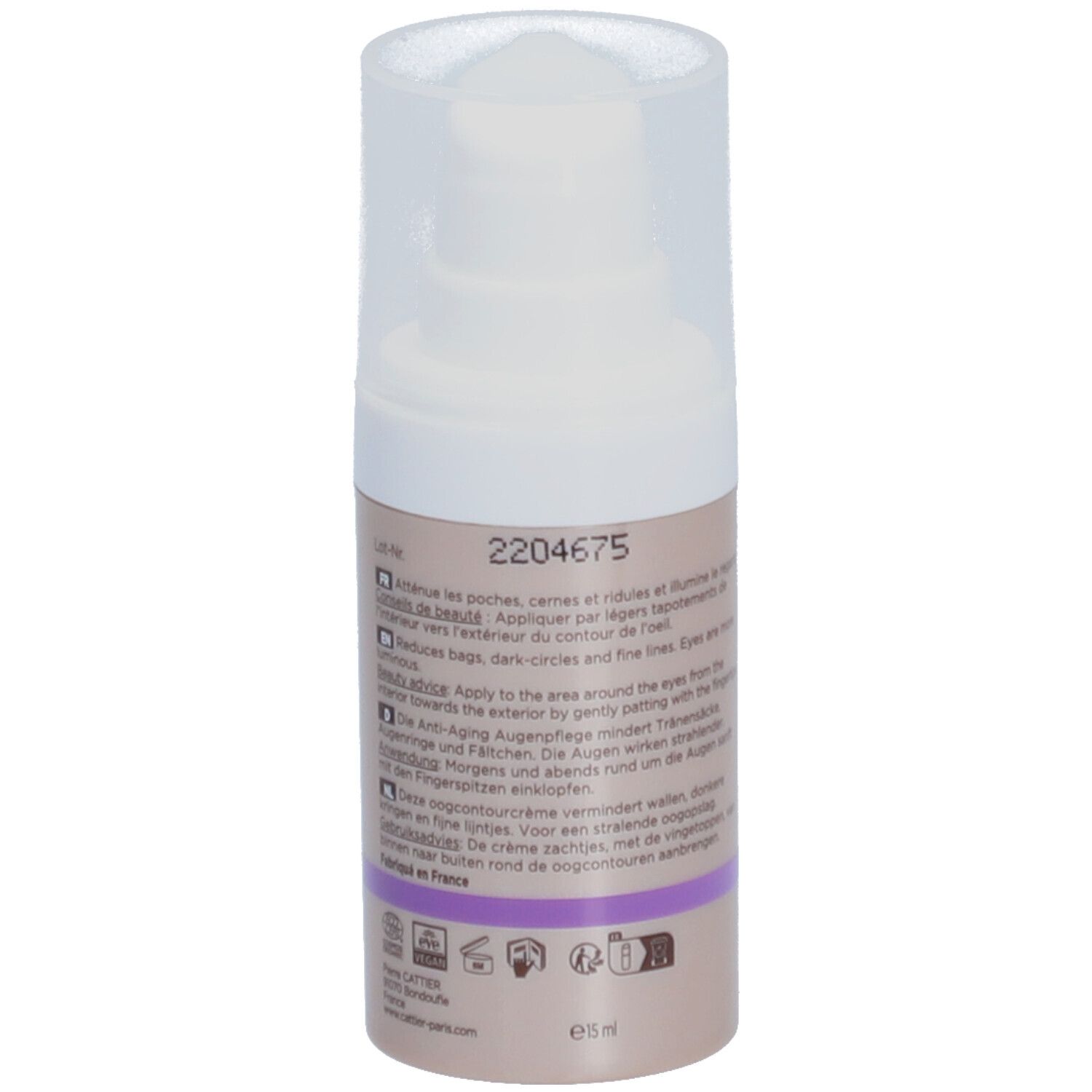 Cattier Concentré Regard. Flasche mit Text. Inhaltsstoffe und Anwendungshinweise. Bio-Zertifizierung und Vegan-Logo.
