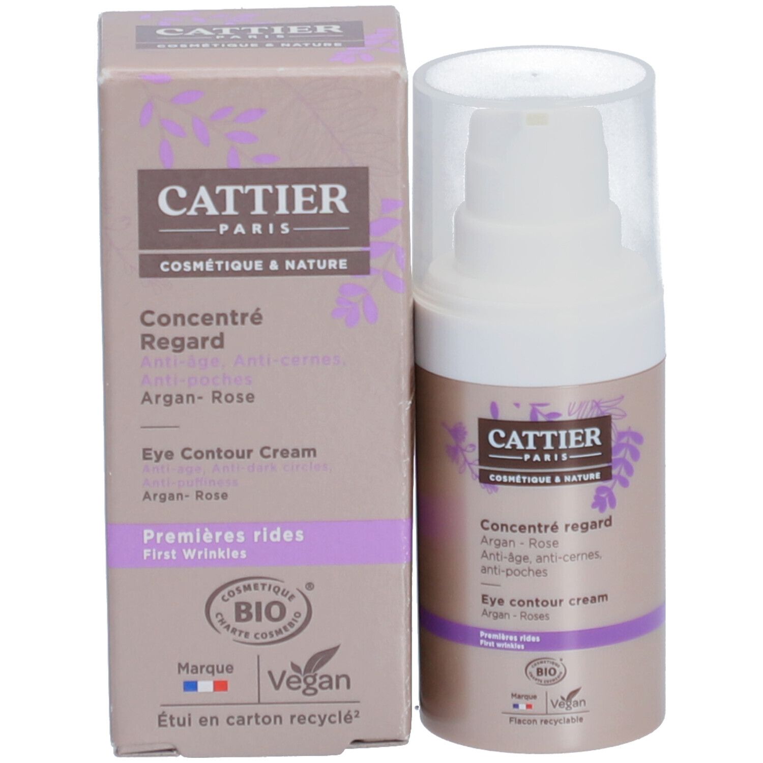 Cattier Concentré Regard. Produkt und Verpackung. Braune Flasche und Karton. Bio-Zertifizierung und Vegan-Logo.