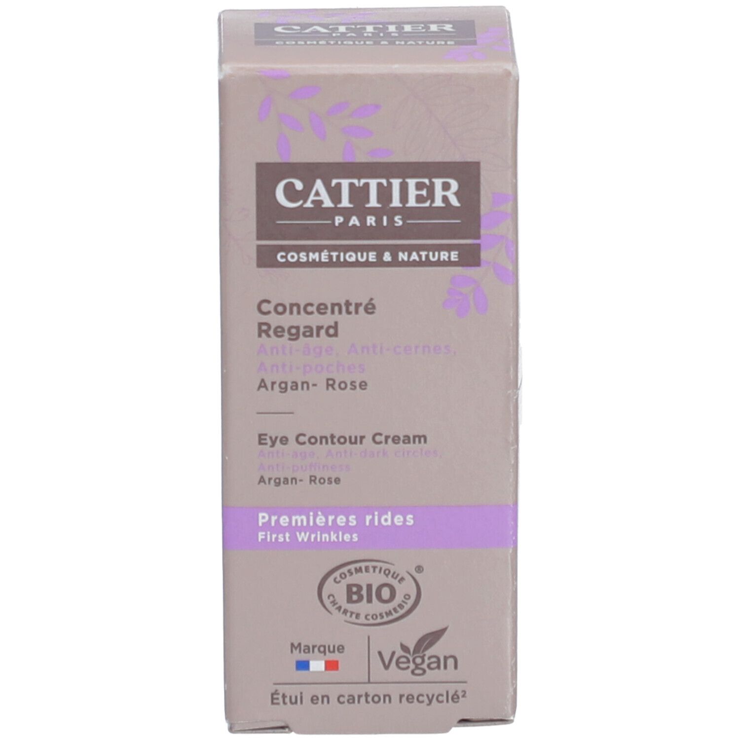 Cattier Concentré Regard. Kartonverpackung. Text und Logo. Bio-Zertifizierung und Vegan-Logo. Recycling-Hinweis.