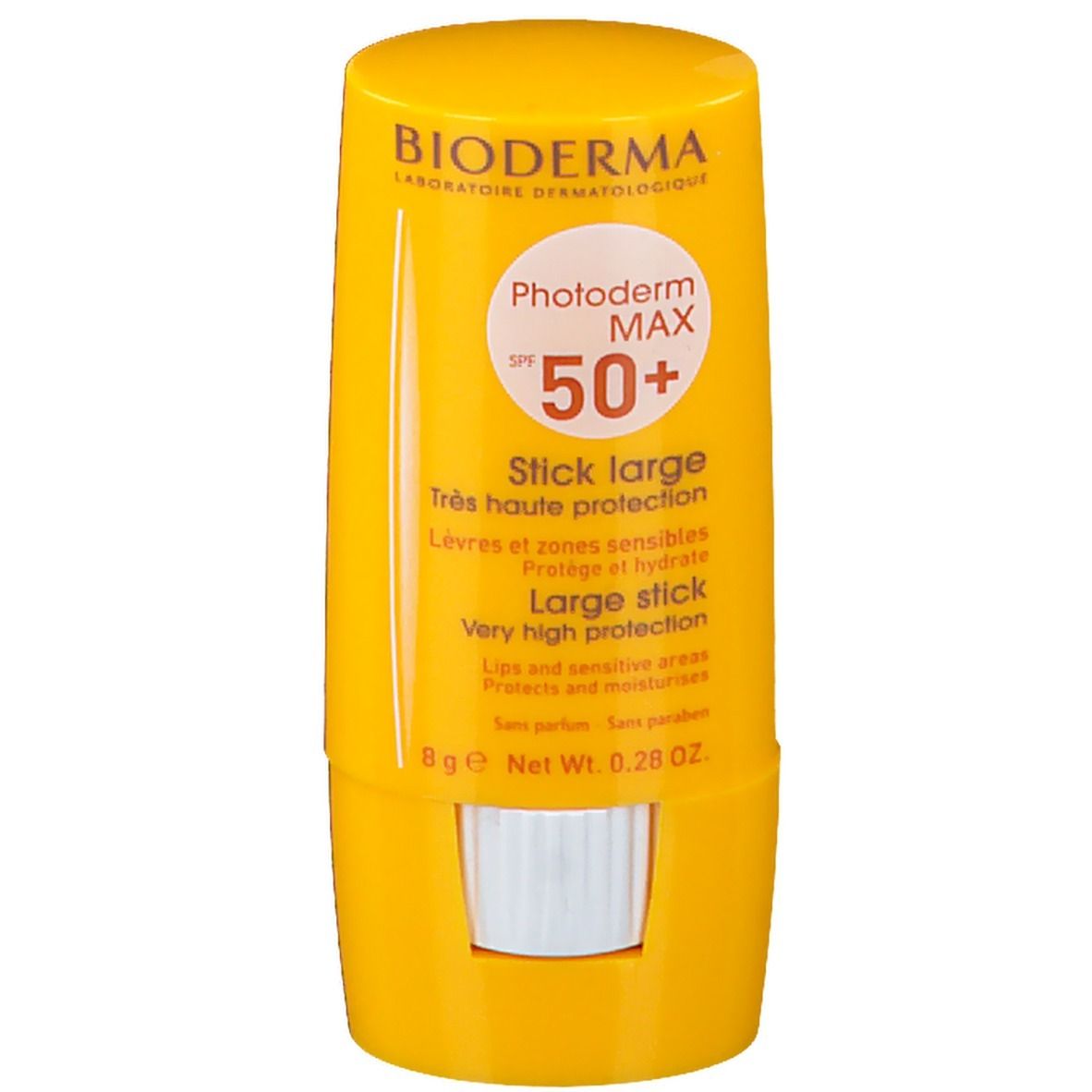 BIODERMA Photoderm MAX SPF 50+ Stick. Gele stick met witte draaimechanisme. Tekst en logo op voorkant.