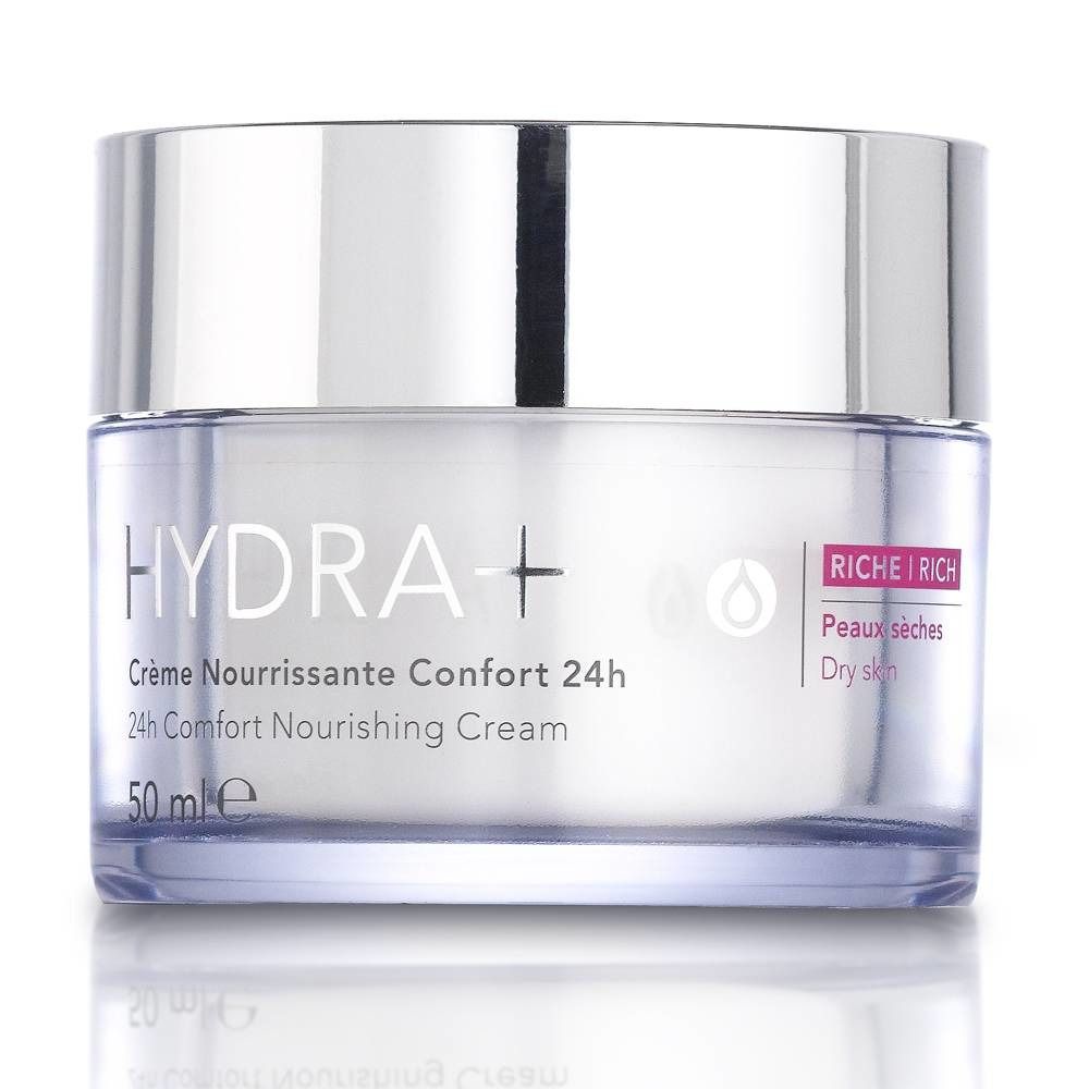 Crèmepot met zilveren deksel. Opschrift: HYDRA+, Crème Nourrissante Confort 24h, 24h Comfort Nourishing Cream. Voor de droge huid.
