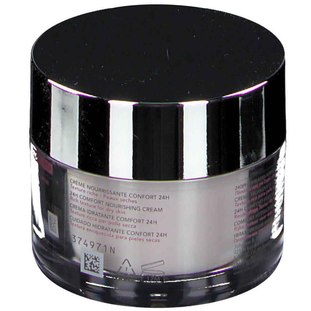 Crèmepot met zwart deksel. Opschrift: Crème Nourrissante Confort 24h, 24h Comfort Nourishing Cream. Met barcode en nummer 374971N.