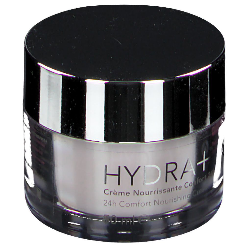 Crèmepot met zwart deksel. Opschrift: HYDRA+, Crème Nourrissante Confort, 24h Comfort Nourishing Cream. 50 ml.