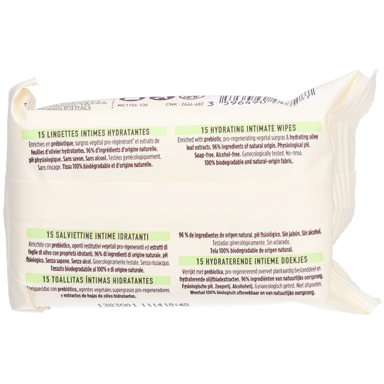 Dos du paquet. Texte multilingue: 15 Lingettes Intimes Hydratantes, 96% ingrédients naturels.