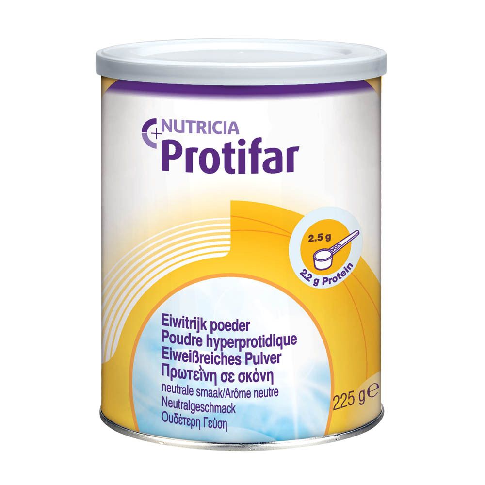 Boîte de poudre Protifar. Inscriptions : Nutricia, Protifar, 22g de protéines, 225g. Désignations multilingues.