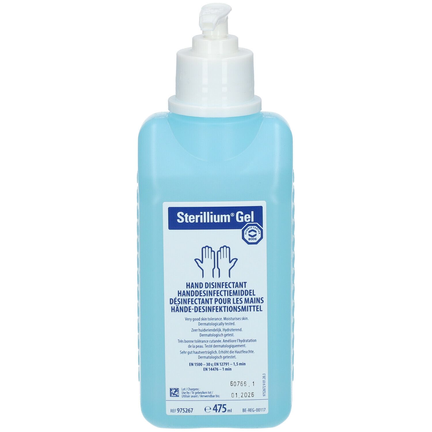 Lichtblauwe fles met witte pomp. Opschrift: Sterillium Gel, handdesinfectiemiddel. Bevat 475 ml.