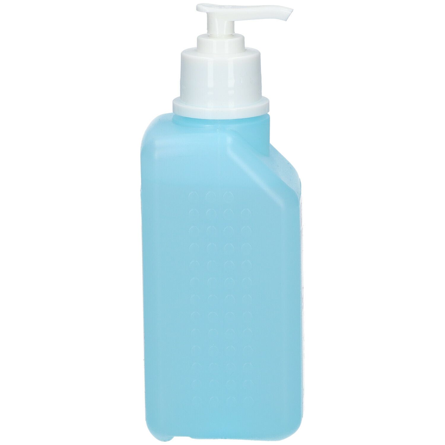 Lichtblauwe fles met witte pomp, zijaanzicht. Lege fles met geribbeld oppervlak.