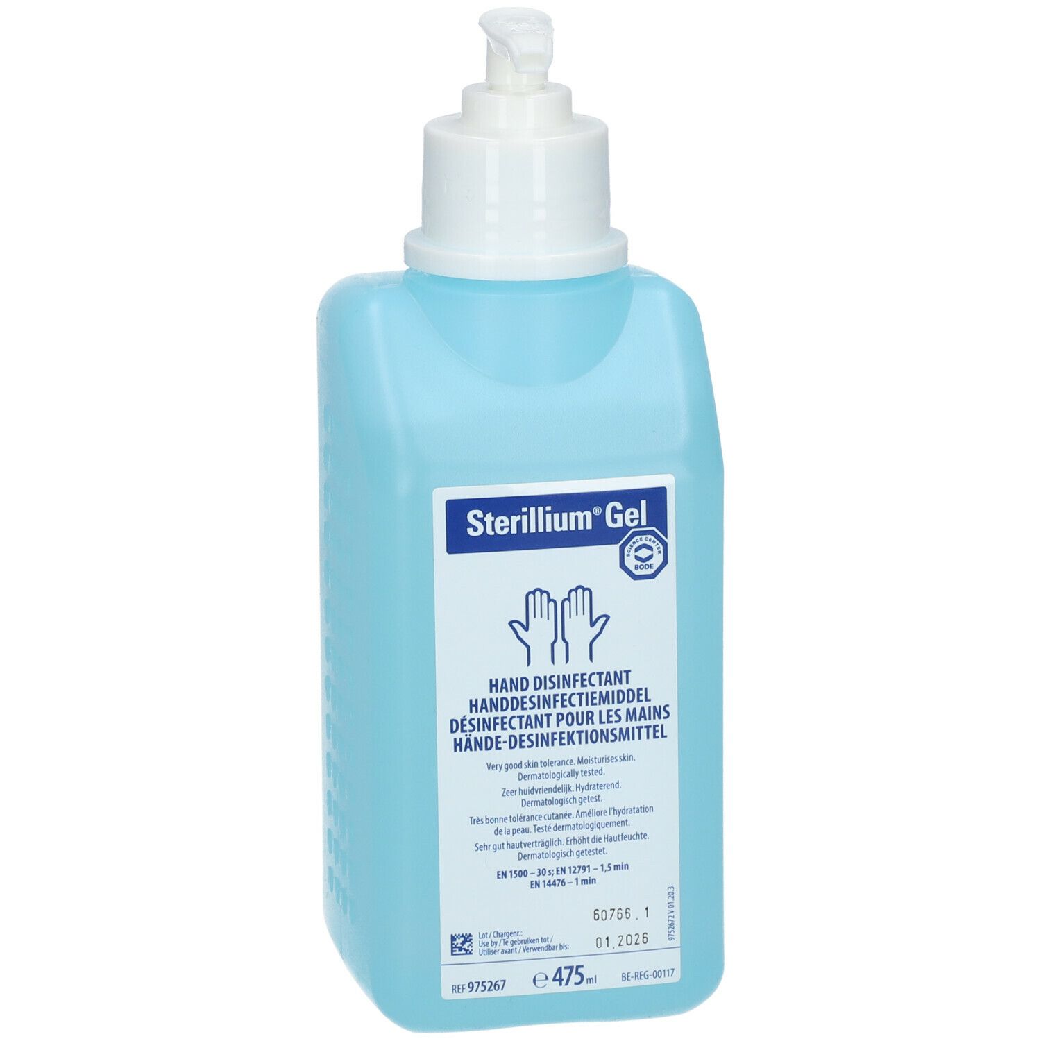 Lichtblauwe fles met witte pomp. Opschrift: Sterillium Gel, handdesinfectiemiddel. 475 ml.