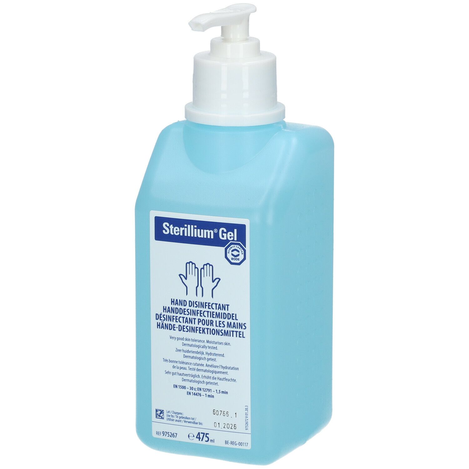 Lichtblauwe fles met witte pomp. Opschrift: Sterillium Gel, handdesinfectiemiddel. 475 ml.