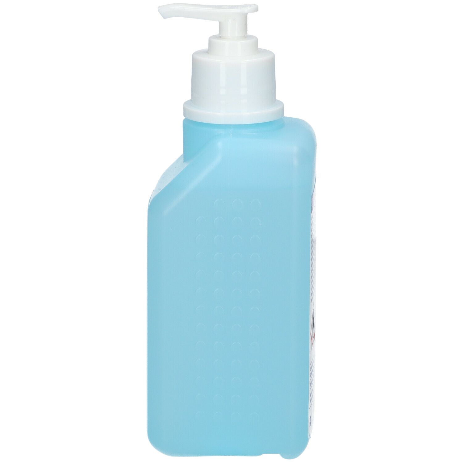 Lichtblauwe fles met witte pomp, zijaanzicht. Lege fles.