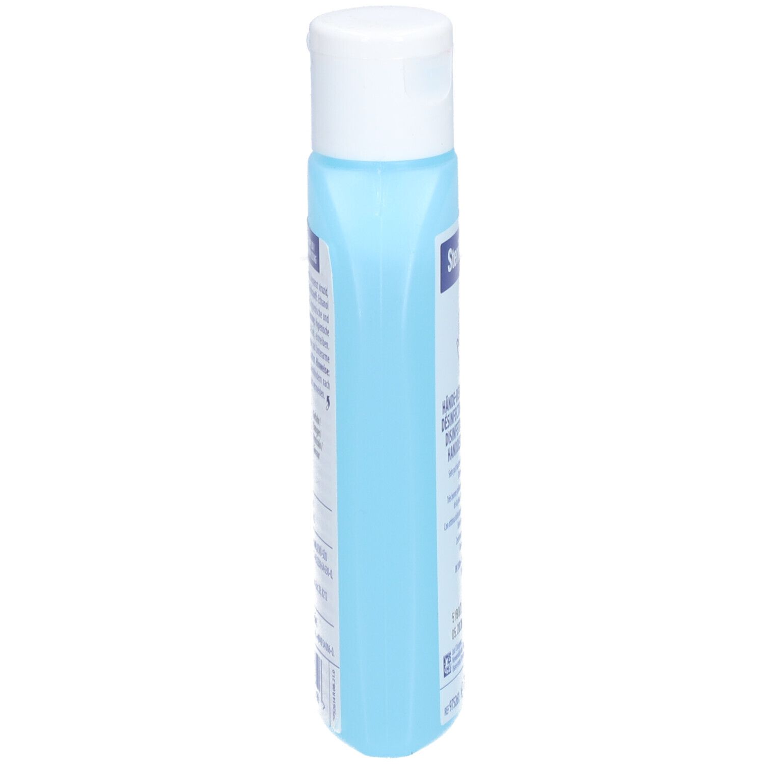 Flacon bleu clair étroit avec bouchon blanc. Inscriptions sur le côté.