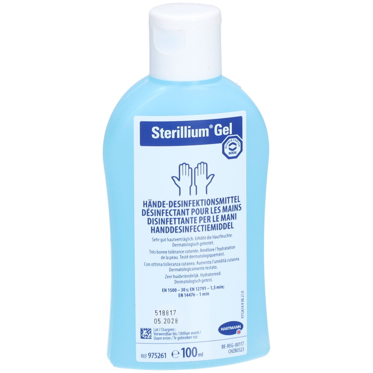 Flacon bleu clair avec bouchon blanc. Inscription: Sterillium Gel, désinfectant pour les mains. Logo avec mains.