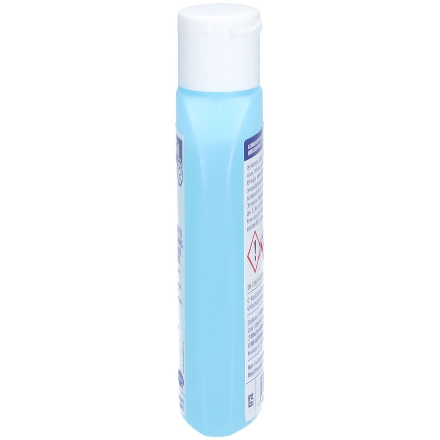 Flacon bleu clair étroit avec bouchon blanc. Inscriptions et symbole de danger.