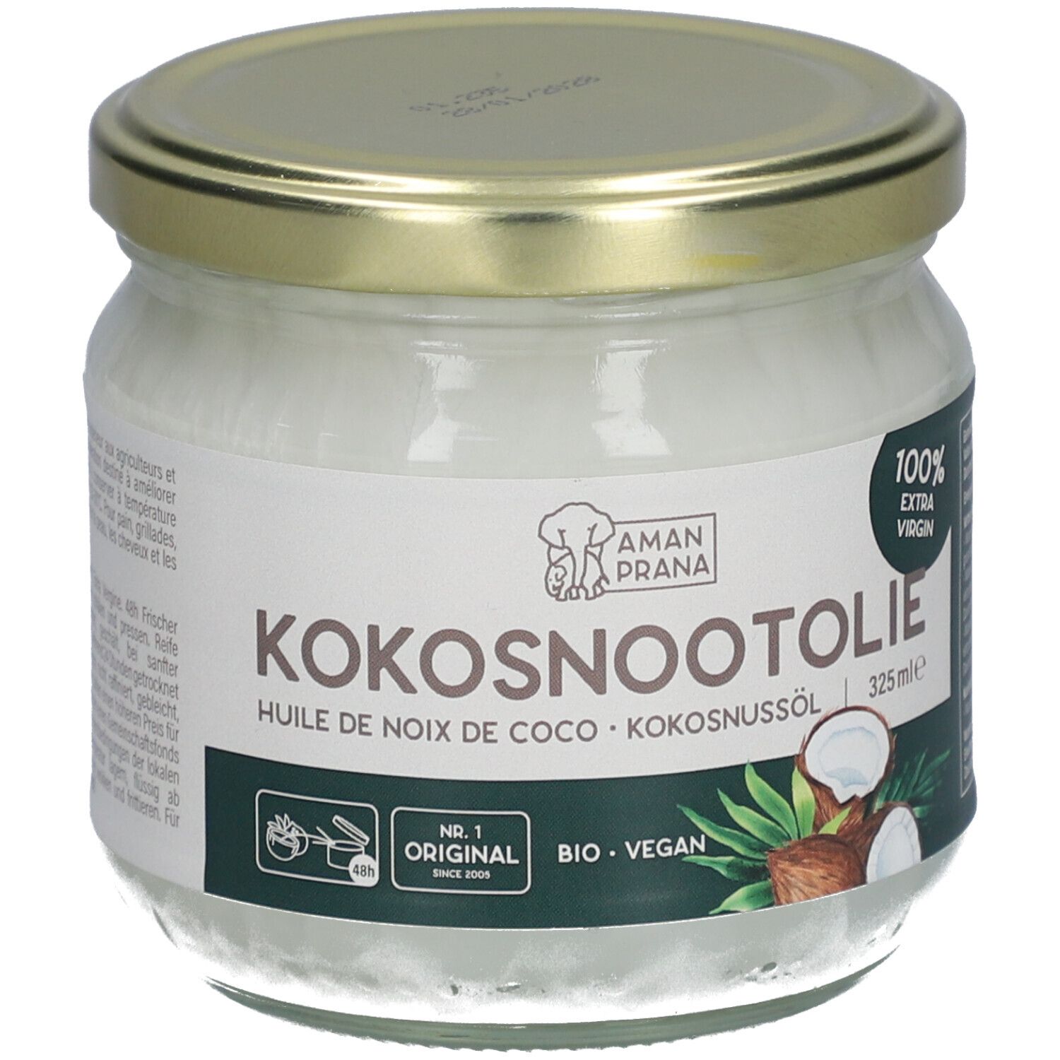 Glas mit Kokosnussöl. Etikett mit "Amanprana", "Kokosnootolie", "100% extra virgin" und Illustrationen. Deckel goldfarben.
