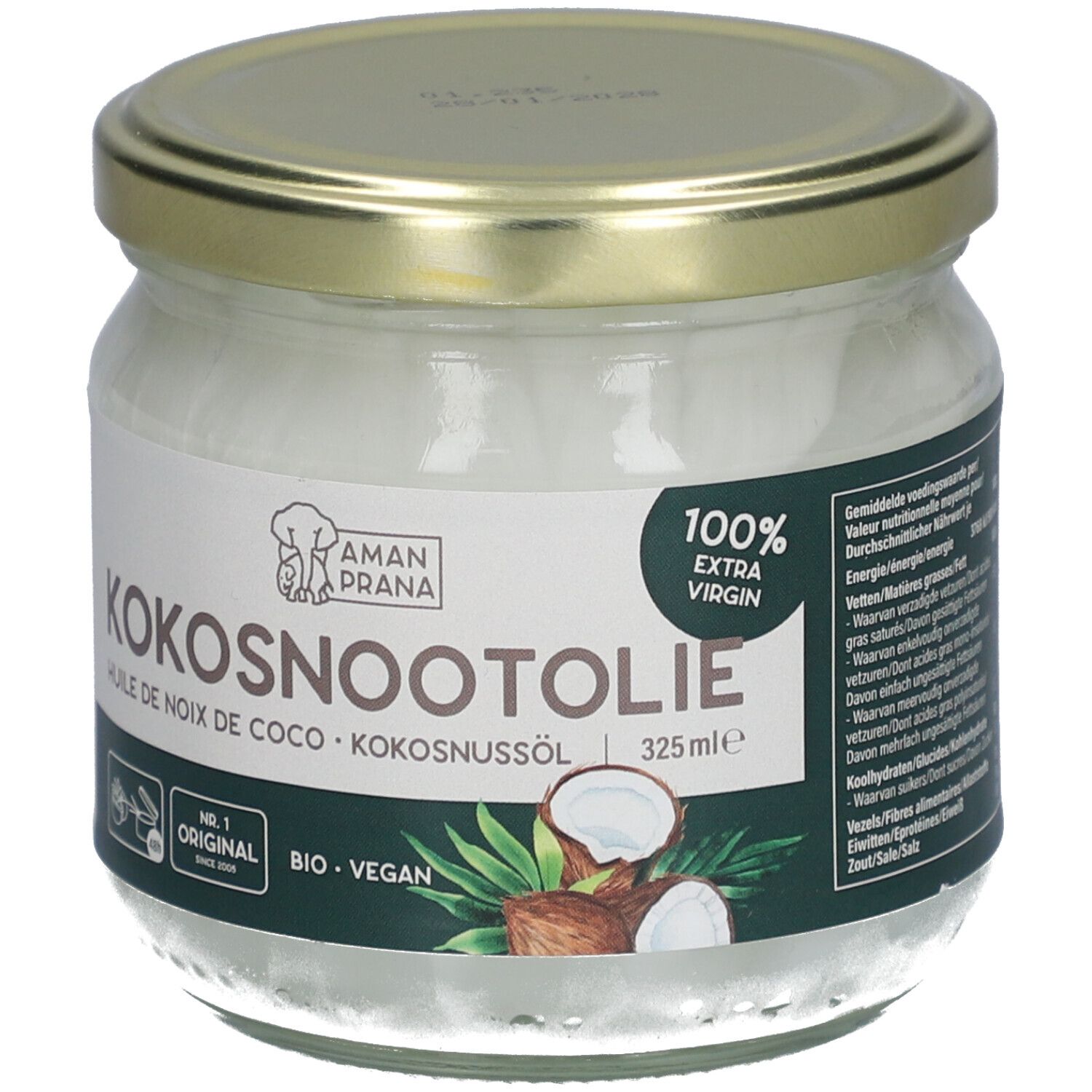 Glas mit Kokosnussöl. Etikett mit "Amanprana", "Kokosnootolie", "100% extra virgin" und Illustrationen. Deckel goldfarben.
