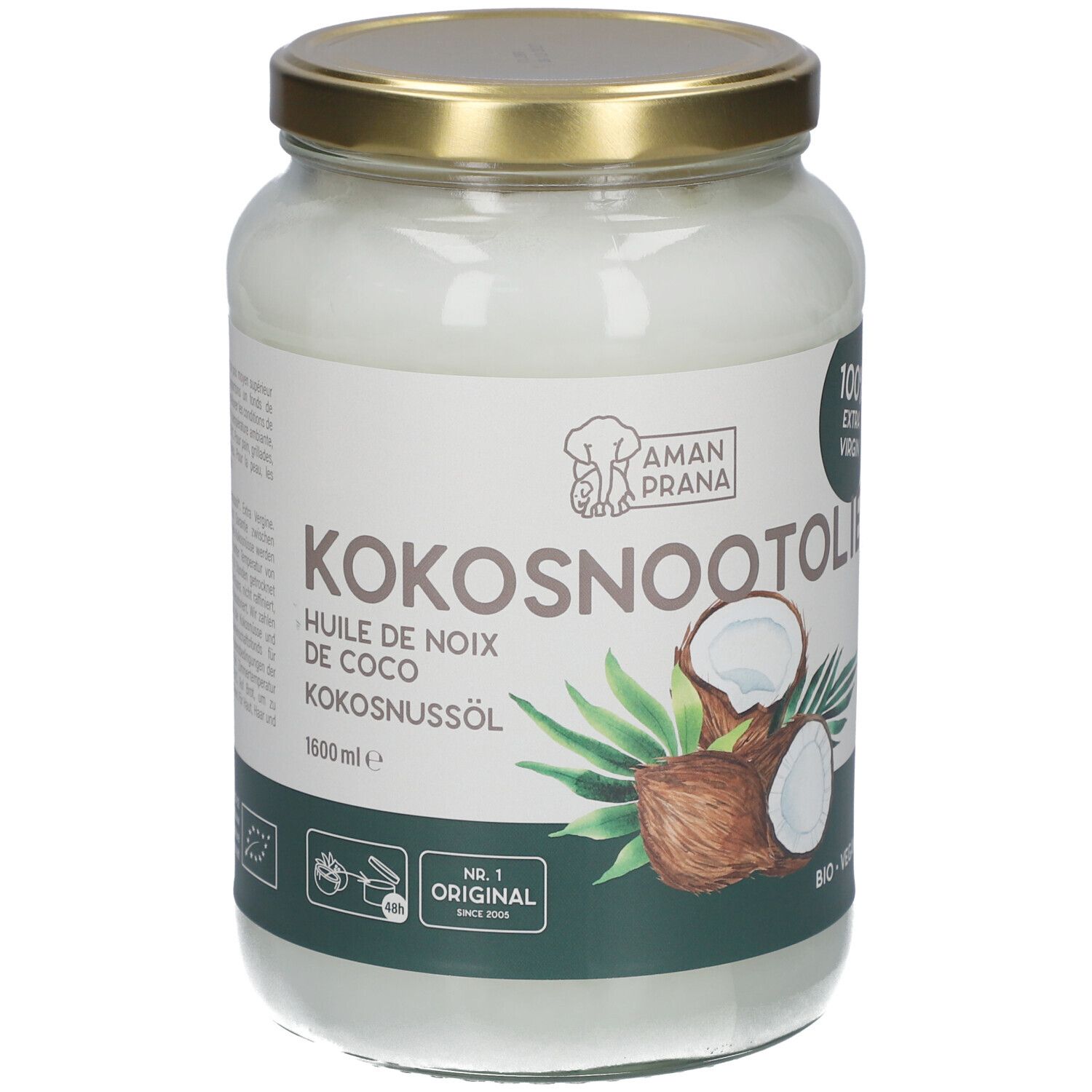 Glasbehälter mit Kokosnussöl. Aufschrift: Kokosnootolie, 1600 ml. Mit Bio-Siegel und Kokosnuss-Illustration.