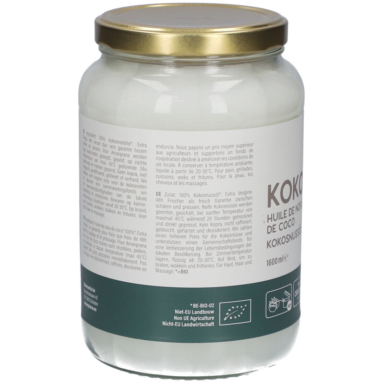Rückseite des Glasbehälters mit Kokosnussöl. Text in mehreren Sprachen. Bio-Siegel und weitere Informationen.