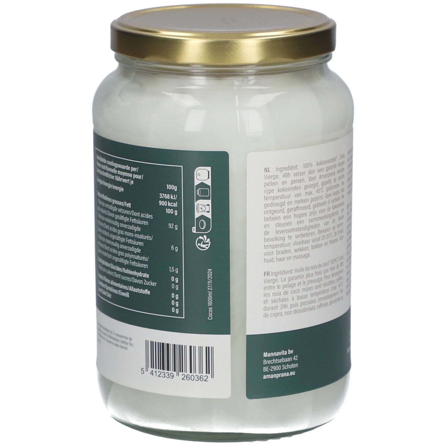 Rückseite des Glasbehälters mit Kokosnussöl. Nährwertangaben, Barcode und Bio-Siegel.
