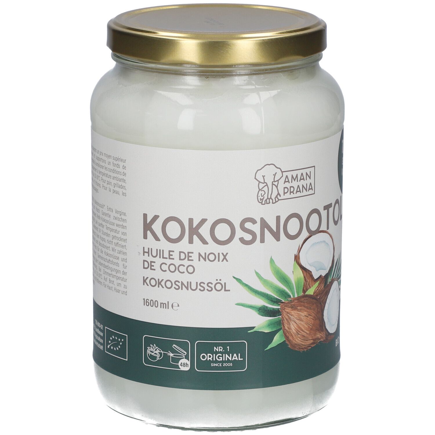 Glasbehälter mit Kokosnussöl. Aufschrift: Kokosnootolie, 1600 ml. Mit Bio-Siegel und Kokosnuss-Illustration.