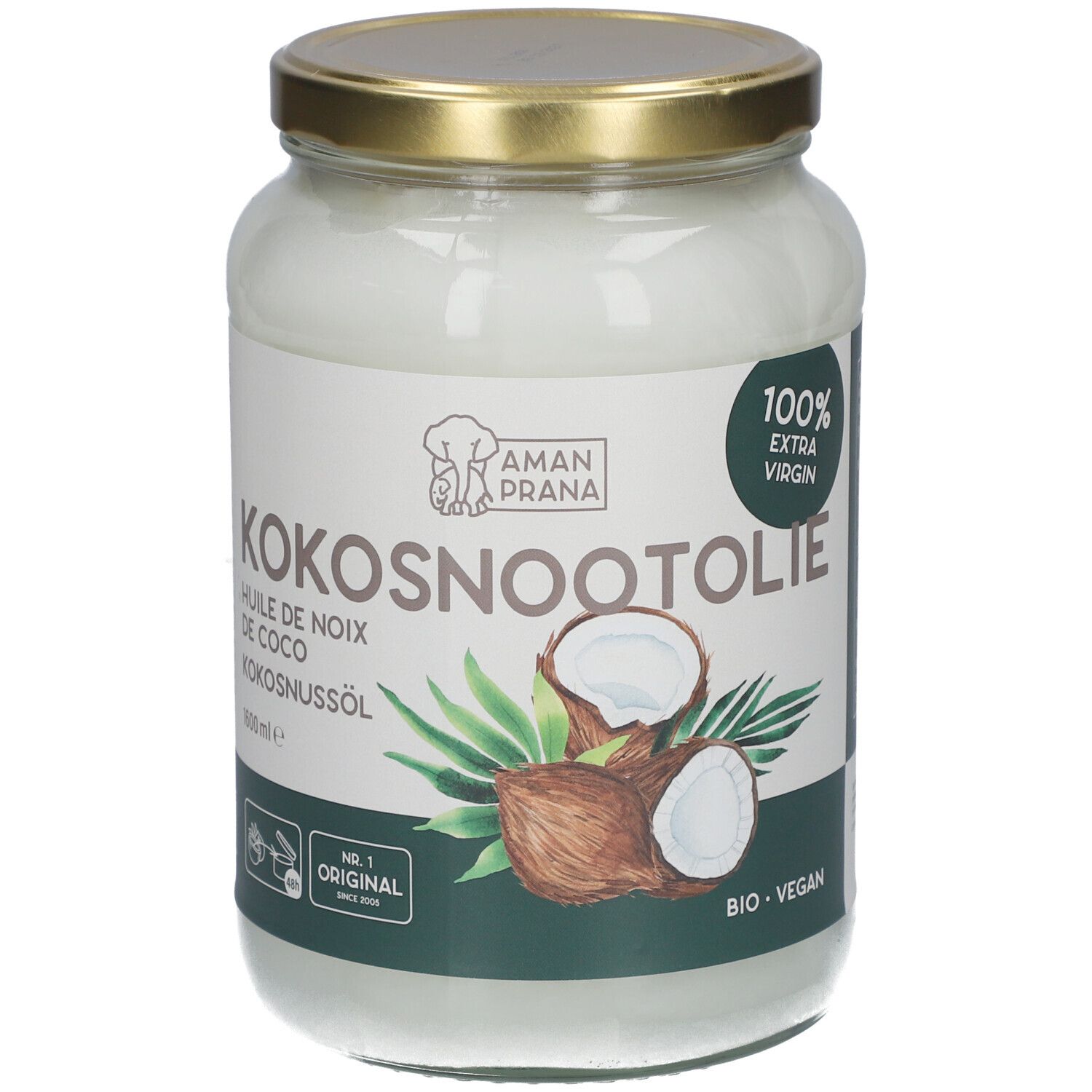 Glasbehälter mit Kokosnussöl. Aufschrift: Kokosnootolie, 1600 ml, 100% extra virgin. Mit Bio- und Vegan-Siegel.