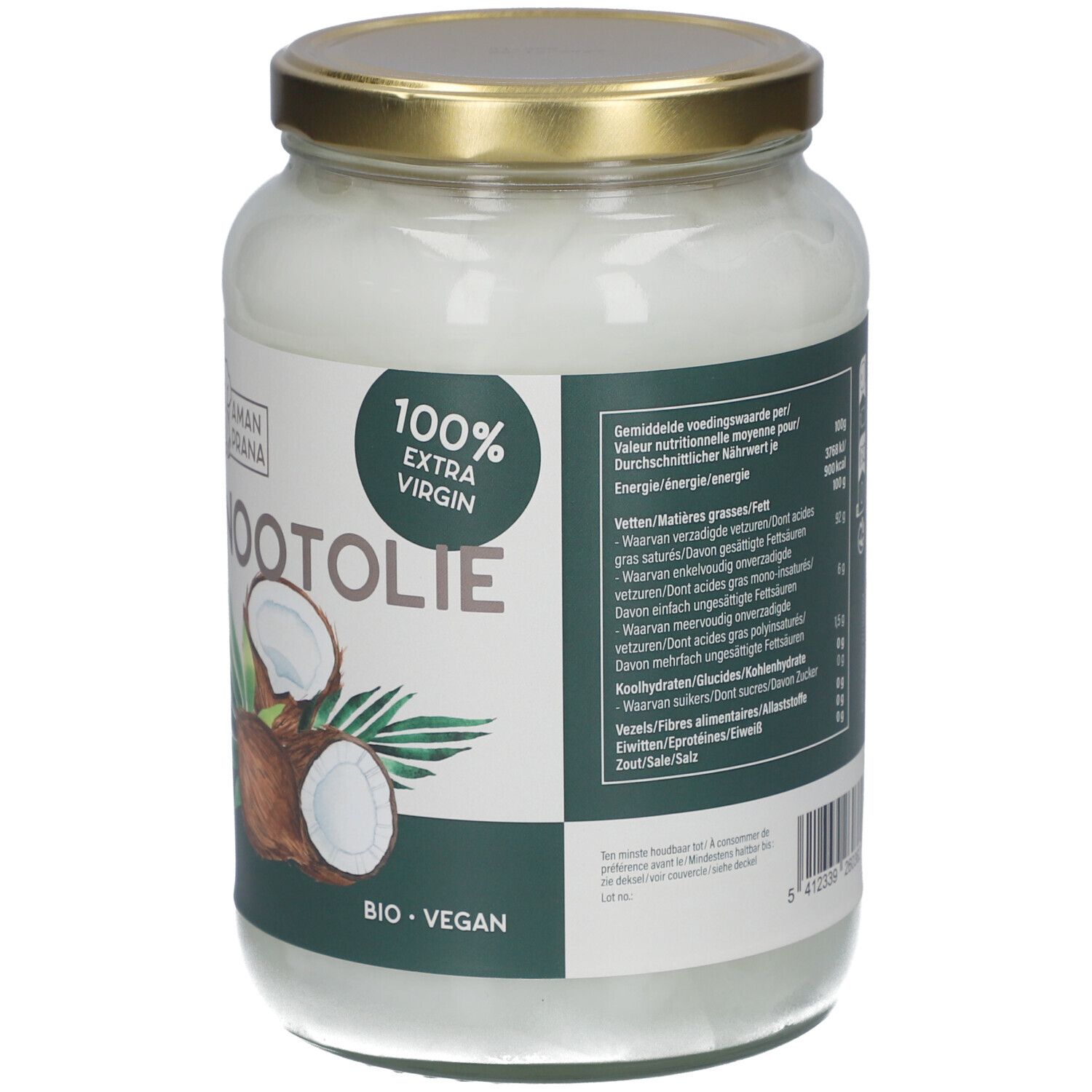 Glasbehälter mit Kokosnussöl. Aufschrift: Kokosnootolie, 100% extra virgin. Mit Bio- und Vegan-Siegel.